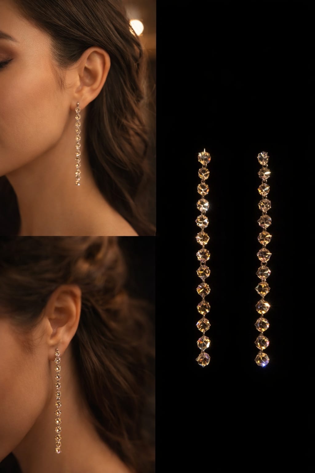 Model wearing Minimal Jewels gold crystal dangle earrings